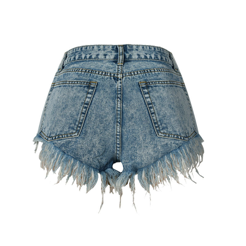 Vintage Style High Waist Bleach Distressed Denim Shorts - Blue