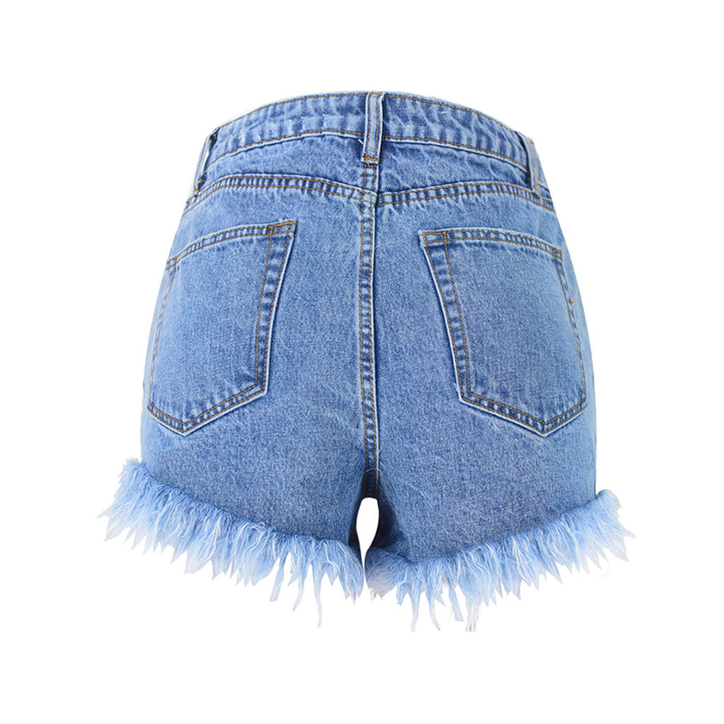 Vintage Style High Waist Faded Frayed Denim Shorts - Blue