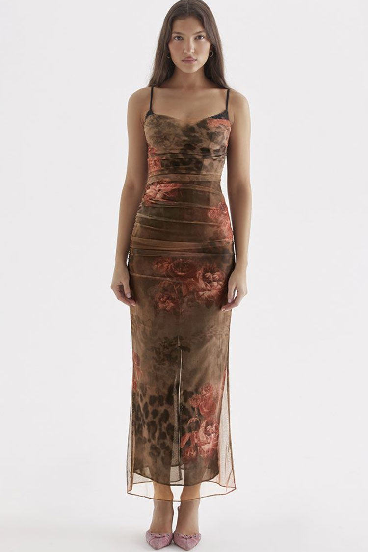 Floral Sweetheart Spaghetti Strap Ruched Mesh Bodycon Maxi Dress