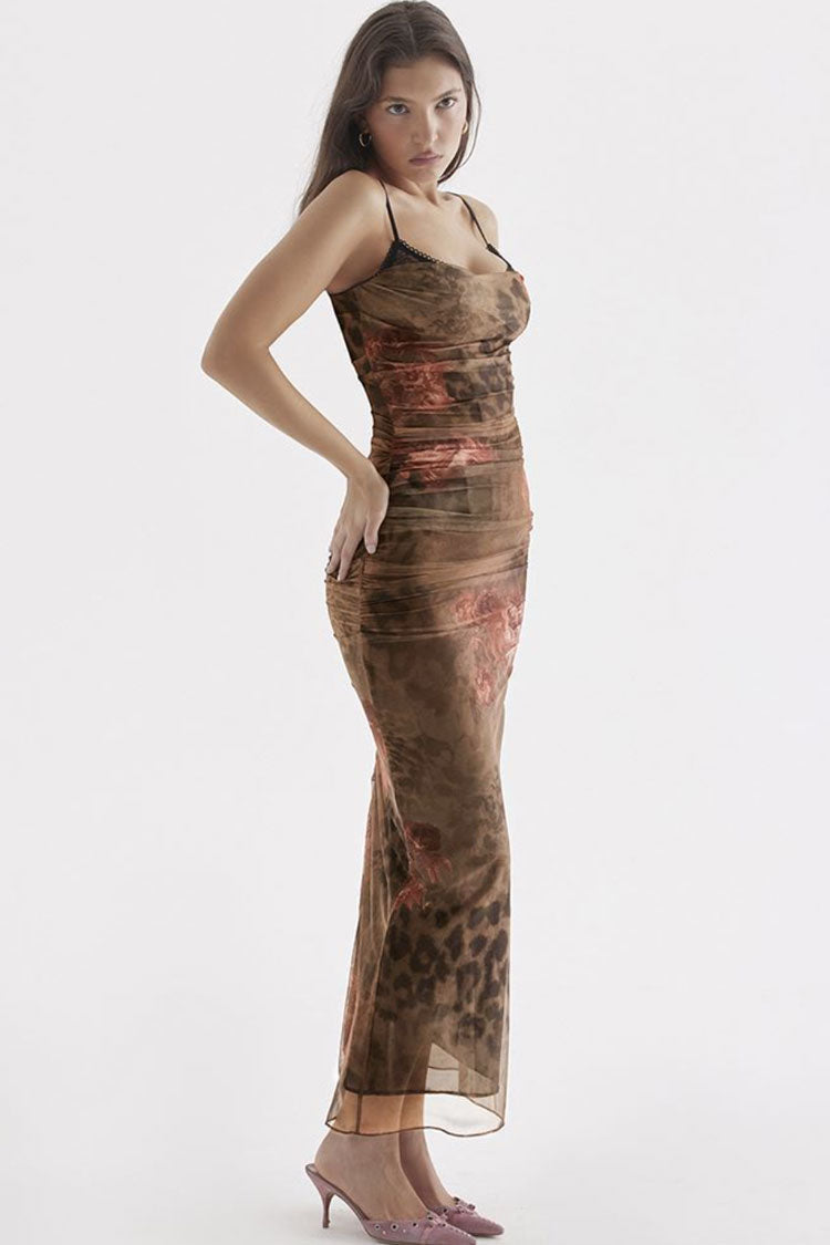 Floral Sweetheart Spaghetti Strap Ruched Mesh Bodycon Maxi Dress