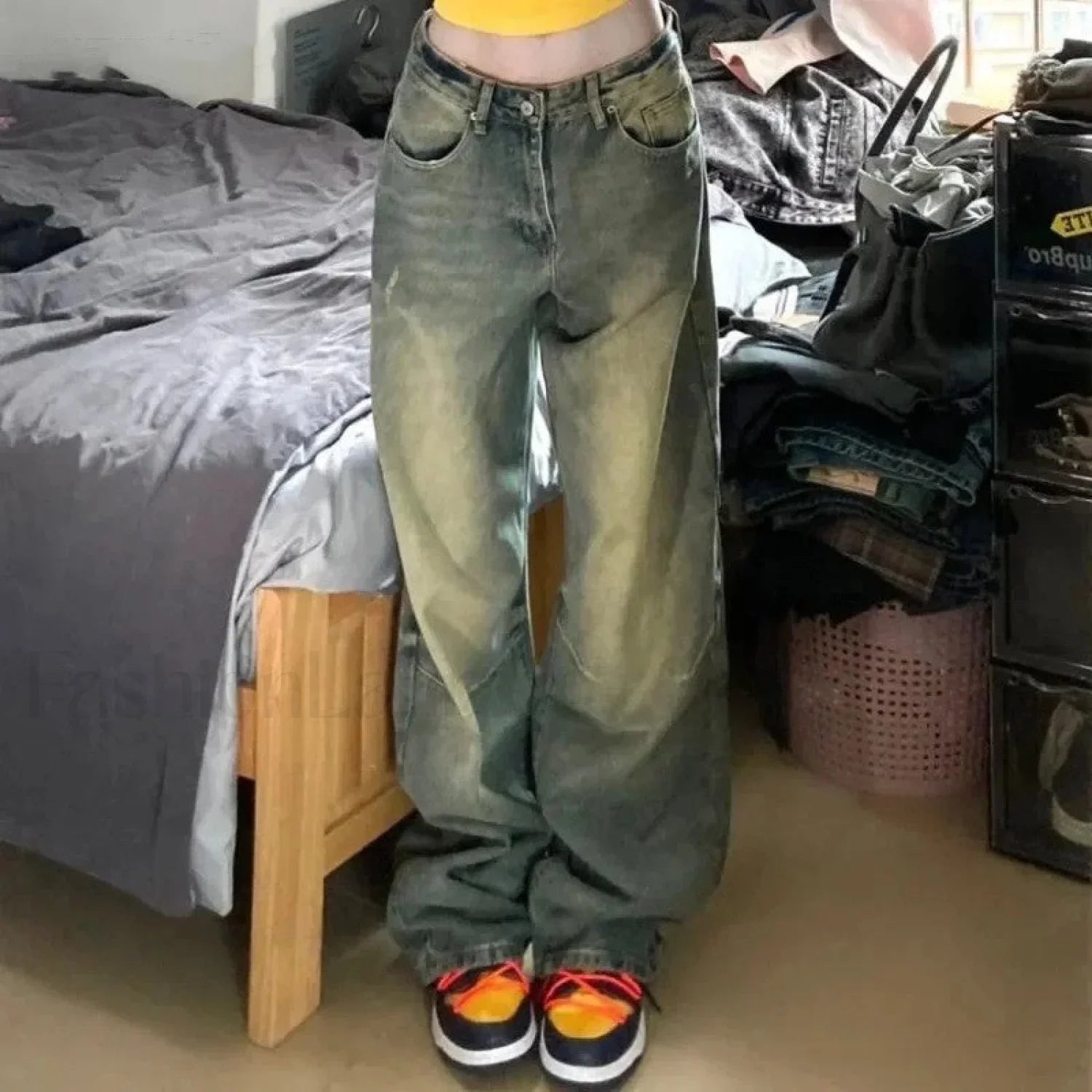 Vintage Wash 90's Trendy Wide Leg Jeans