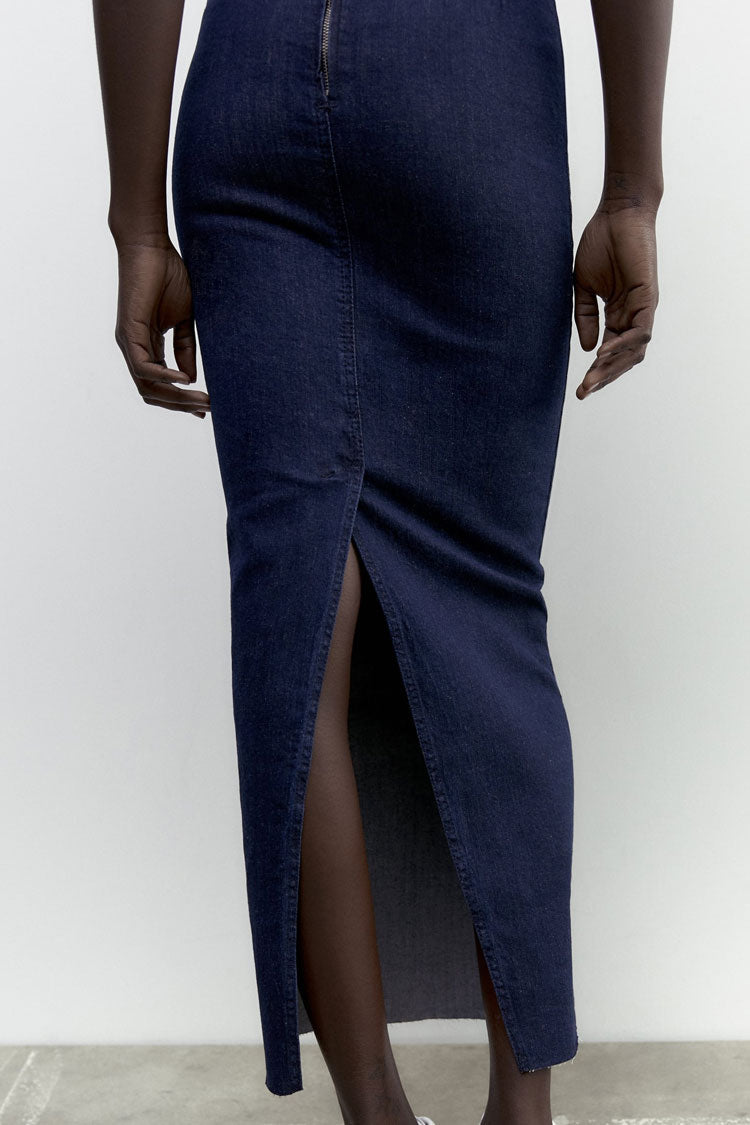 Timeless Zipper Back Split Bodycon Summer Strapless Maxi Dress - Dark Blue