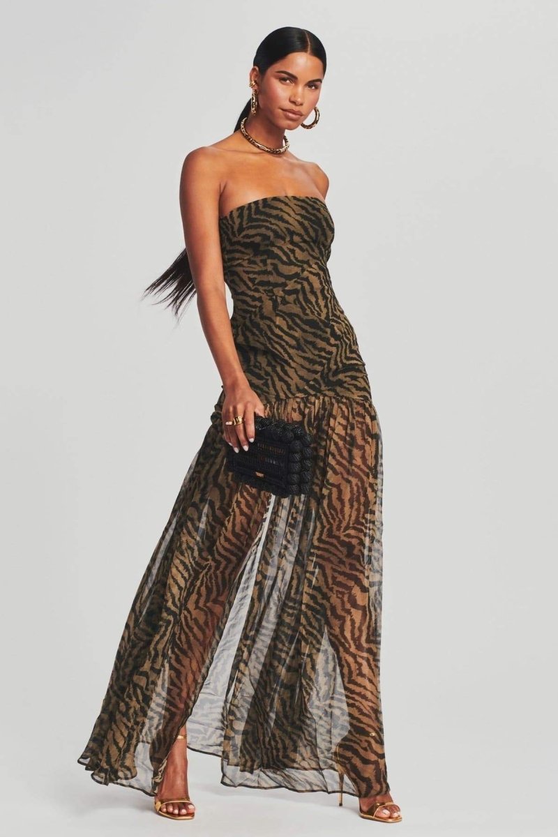 Zebra Print Strapless Sheer Overlay High Split Maxi Dress