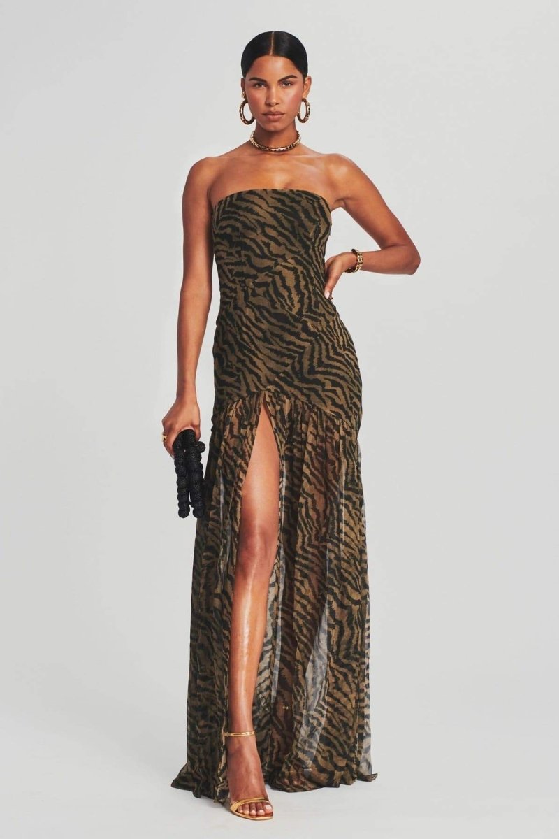 Zebra Print Strapless Sheer Overlay High Split Maxi Dress