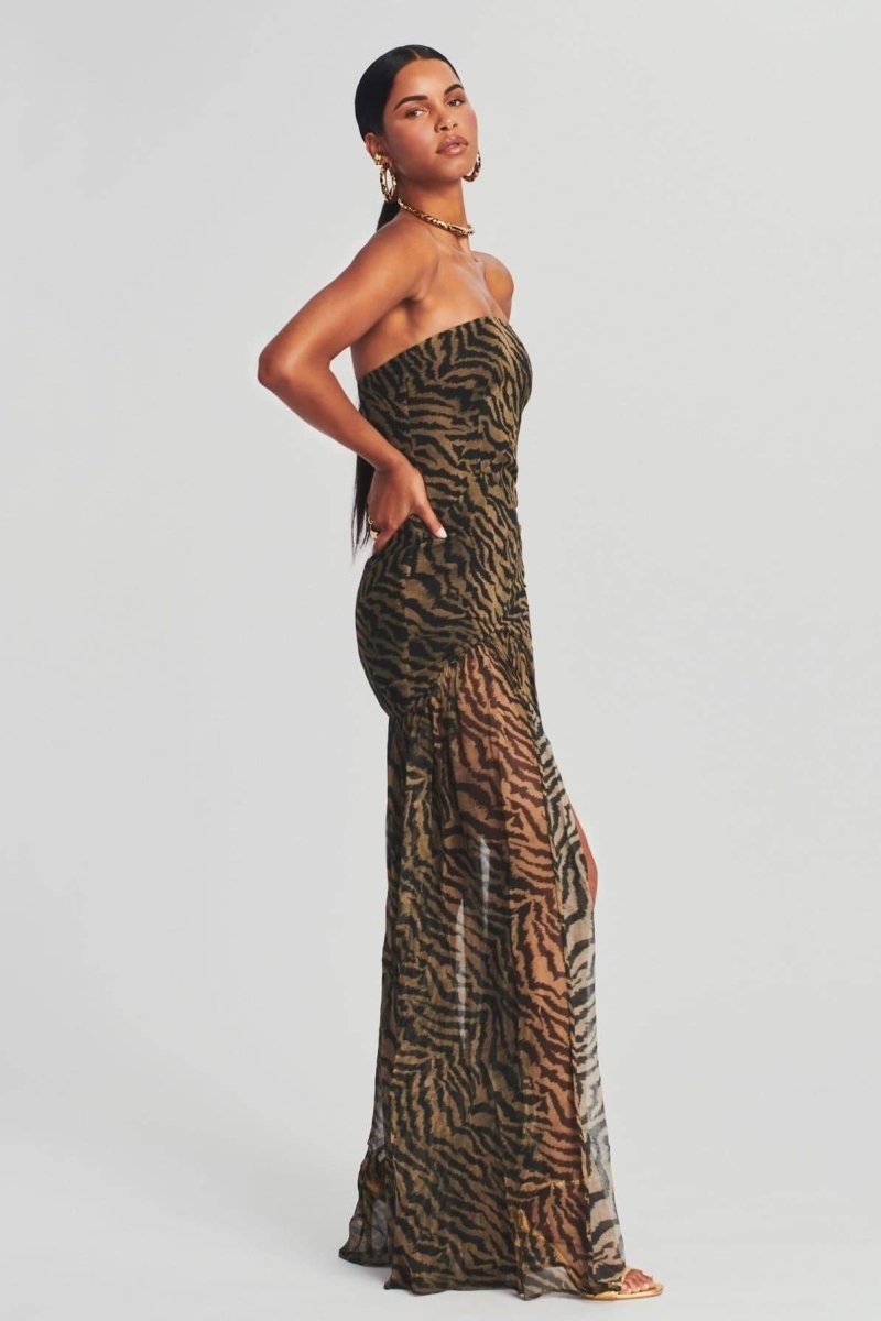Zebra Print Strapless Sheer Overlay High Split Maxi Dress