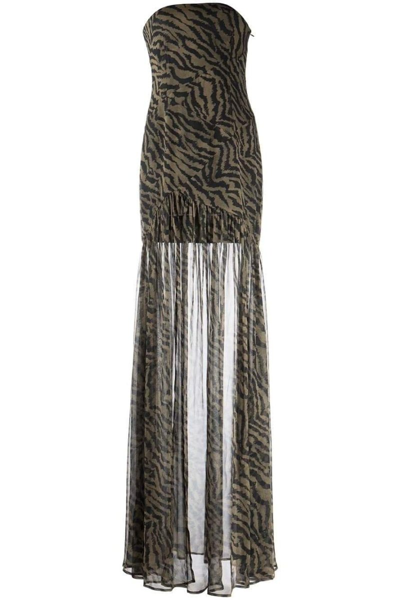 Tiger Stripe Strapless High Split Sheer Panel Maxi Gown