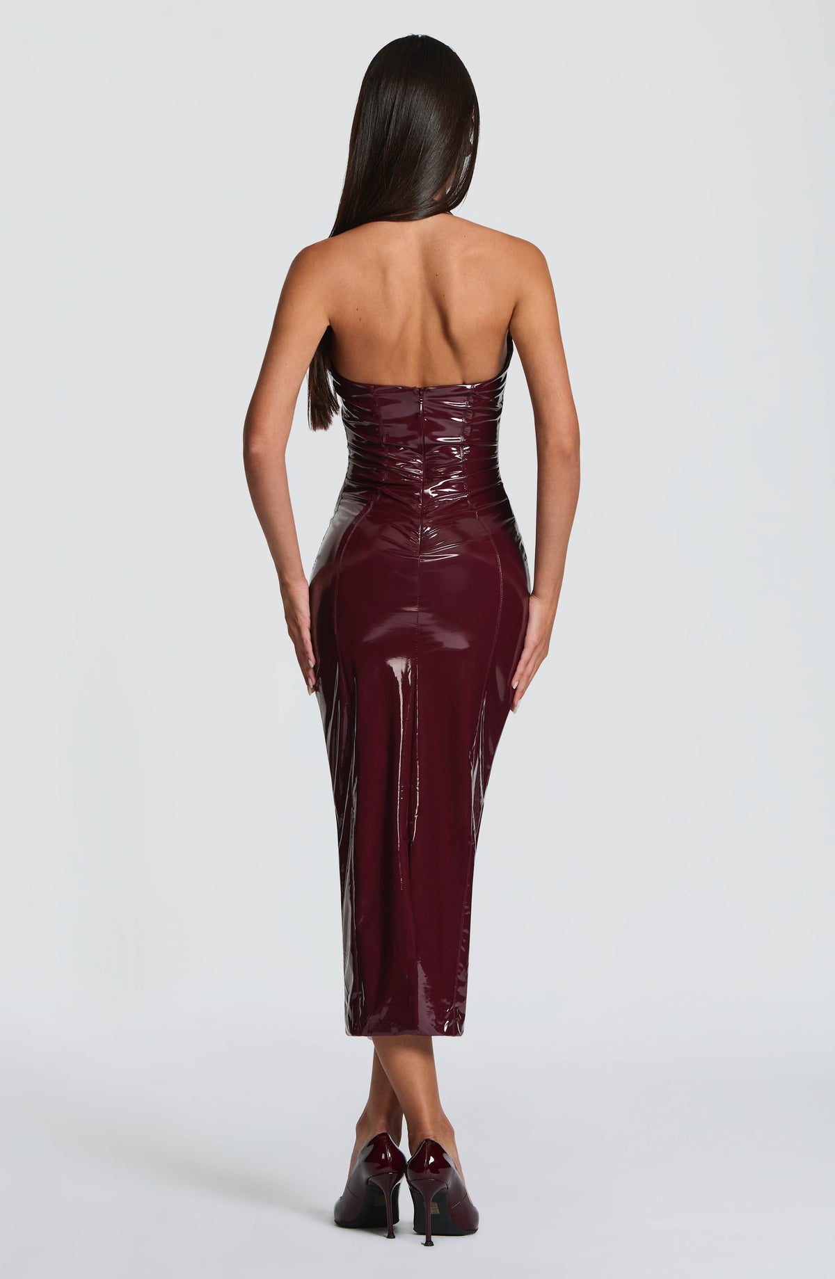 Patent Faux Leather Halter Neck V-Neck Bodycon Midi Dress 3
