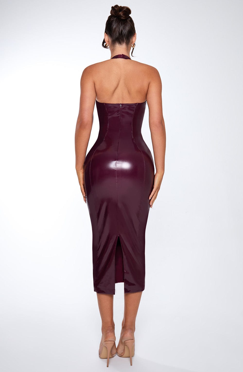 Patent Faux Leather Halter Neck V-Neck Bodycon Midi Dress 7