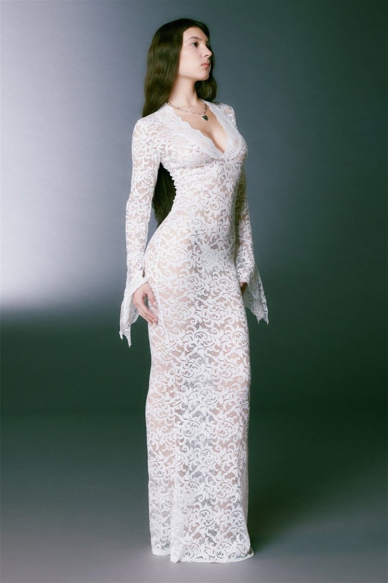 Sheer Lace V-Neck Scalloped Trim Bell Sleeve Mermaid Maxi Dress 6