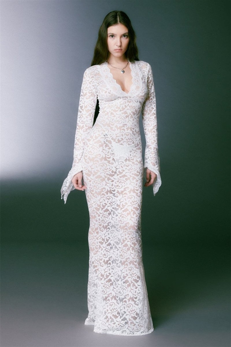 Sheer Lace V-Neck Scalloped Trim Bell Sleeve Mermaid Maxi Dress 4