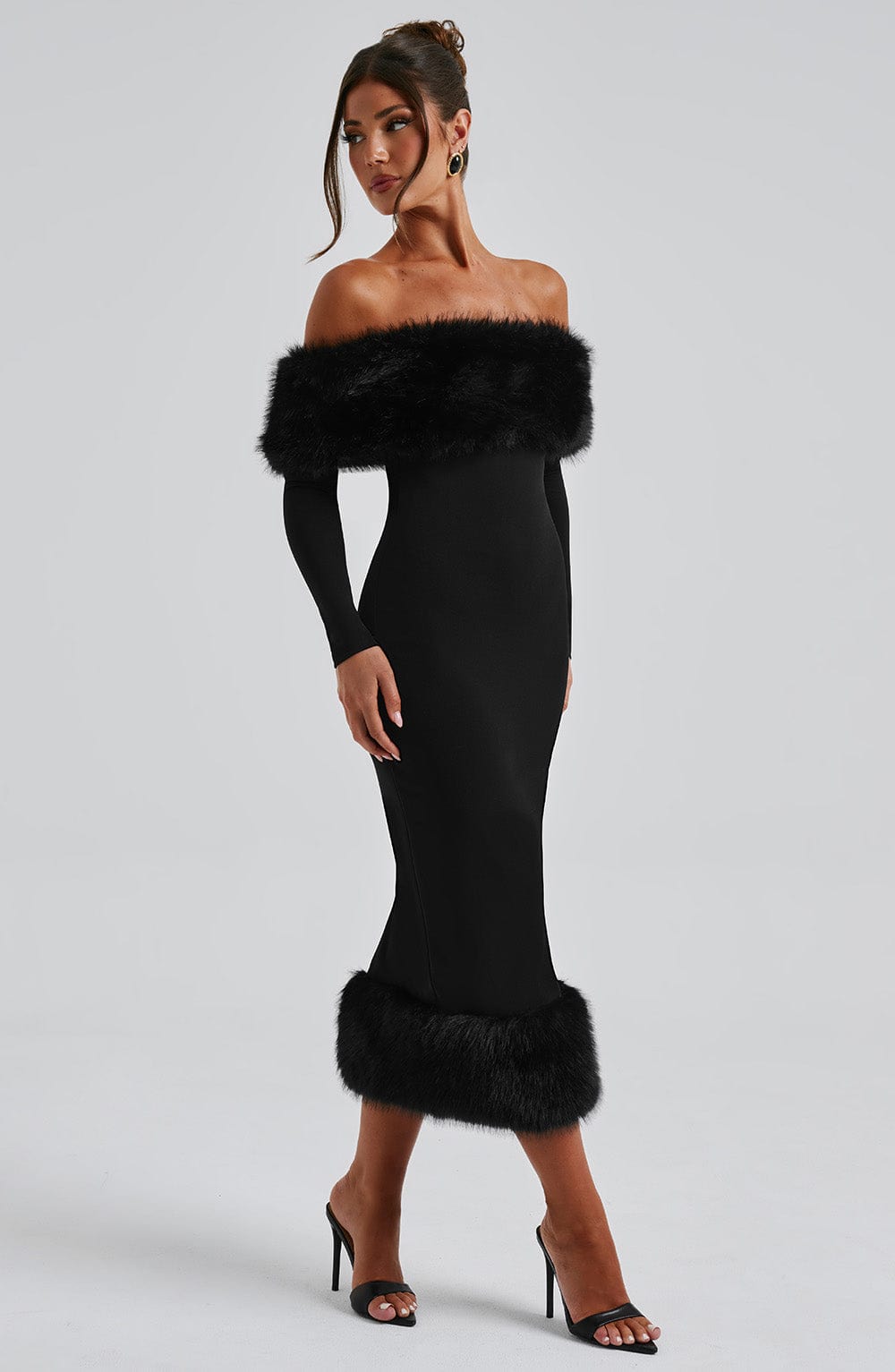 Faux Fur Trim Off Shoulder Long Sleeve Bodycon Midi Dress 3