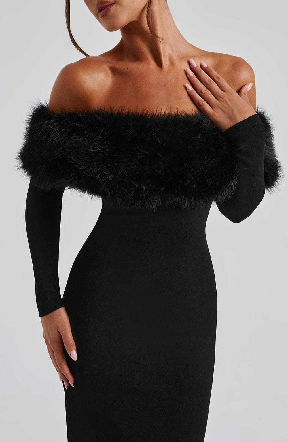 Faux Fur Trim Off Shoulder Long Sleeve Bodycon Midi Dress 5