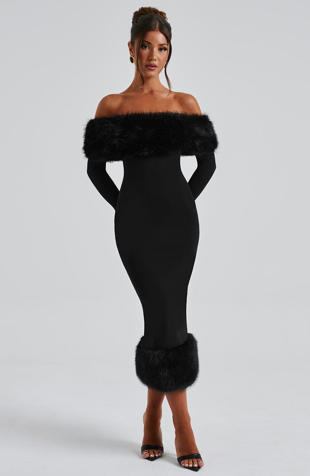 Faux Fur Trim Off Shoulder Long Sleeve Bodycon Midi Dress 11