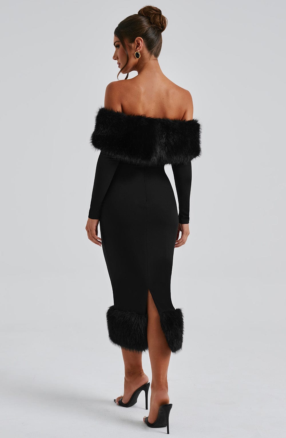 Faux Fur Trim Off Shoulder Long Sleeve Bodycon Midi Dress 4