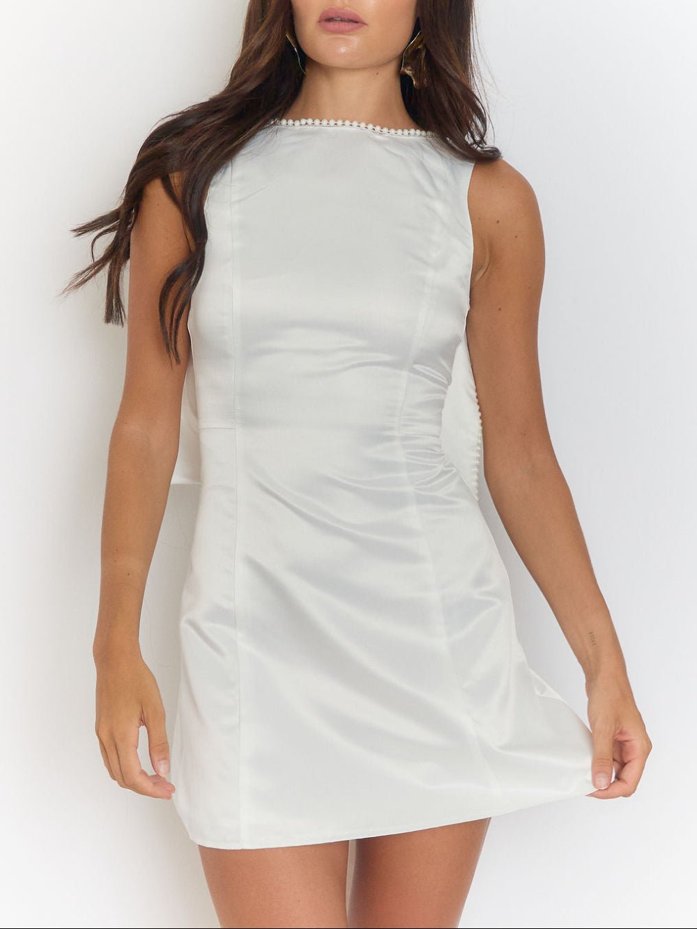 Satin Faux Pearl Trim Bow Back Sleeveless Draped Mini Dress 7