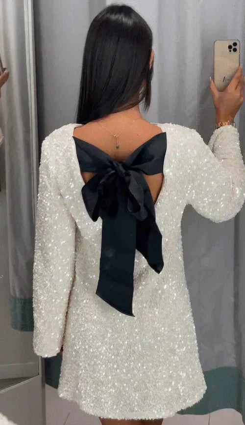 Sequin Long Sleeve Open Back Ribbon Bow Mini Party Dress