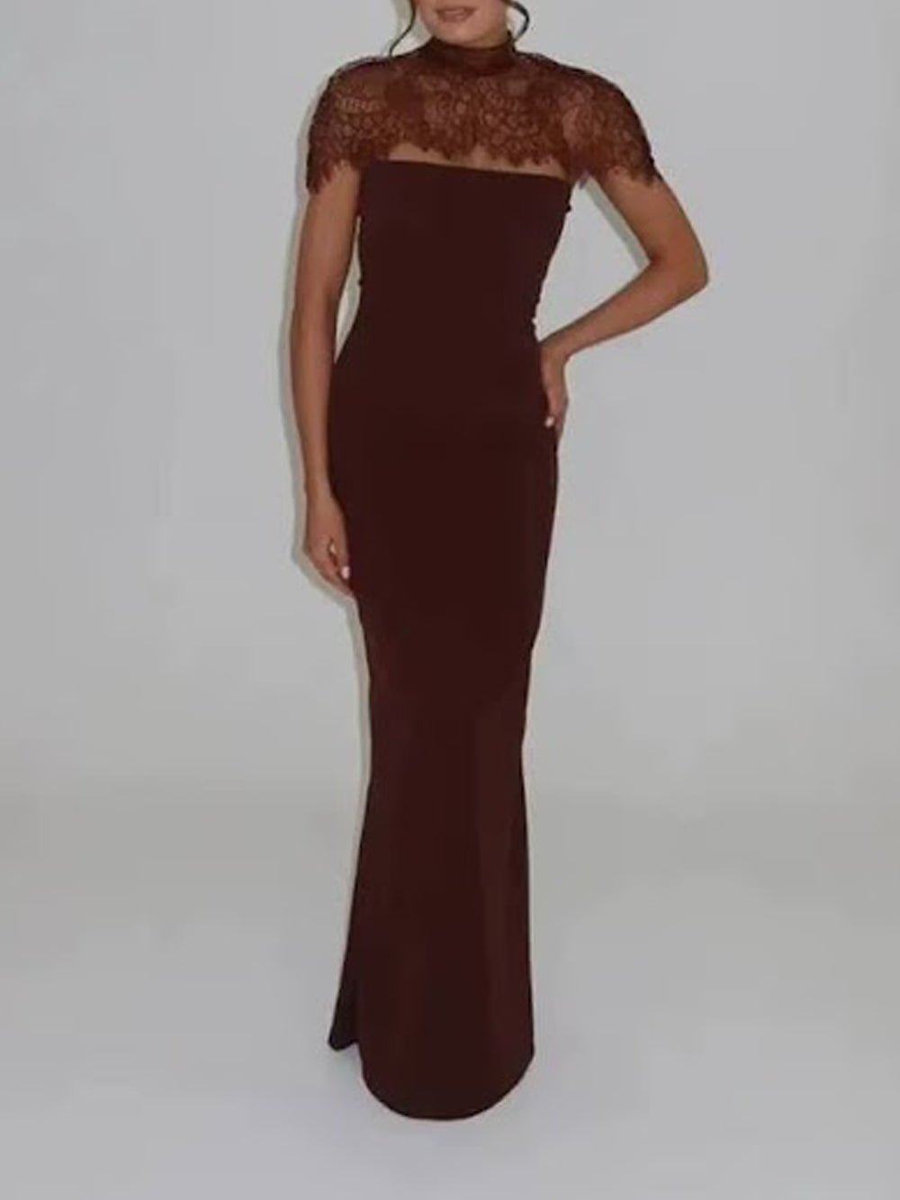 Lace Yoke High Neck Cap Sleeve Column Maxi Gown - View 2