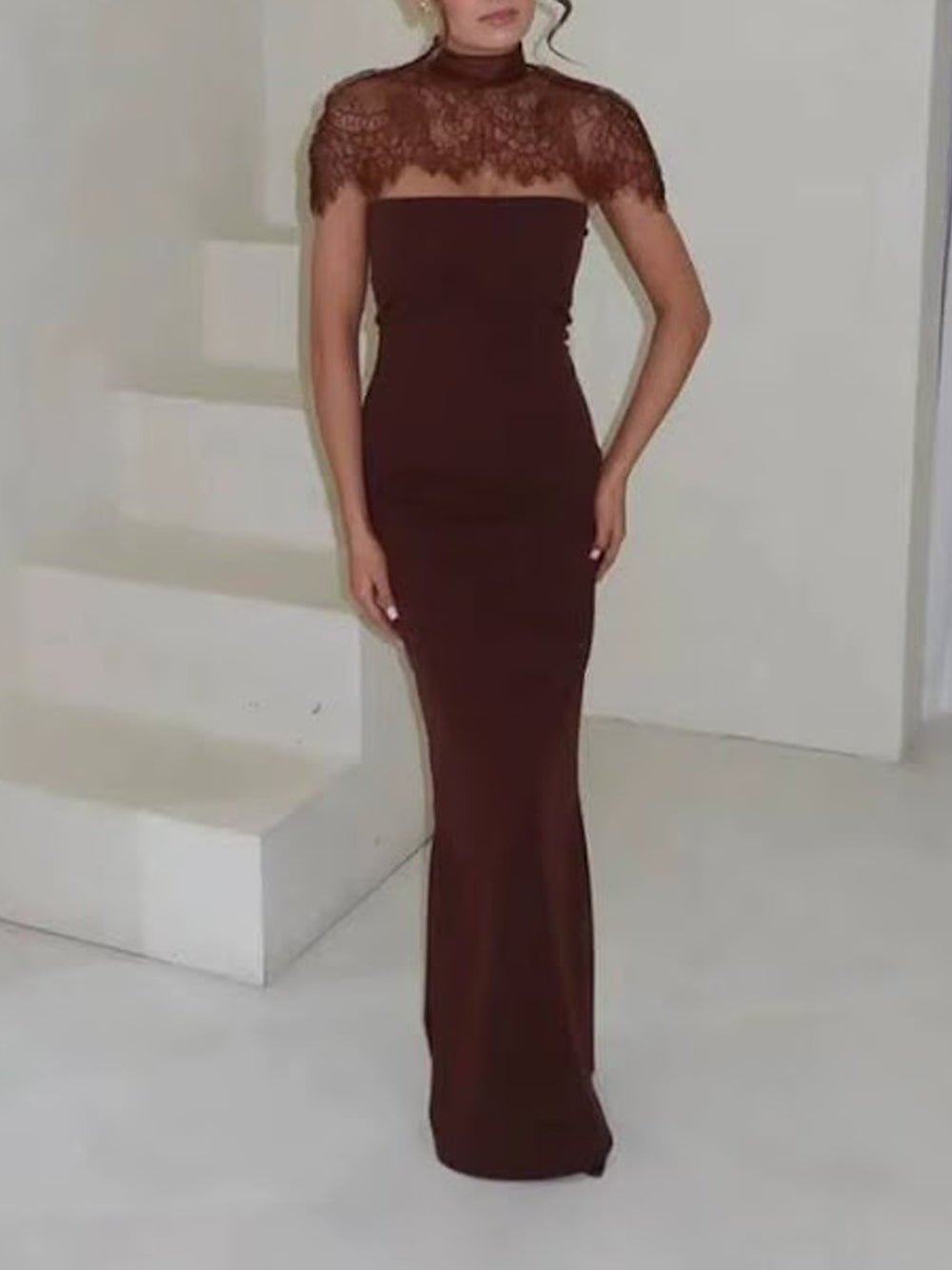 Lace Yoke High Neck Cap Sleeve Column Maxi Gown - View 5