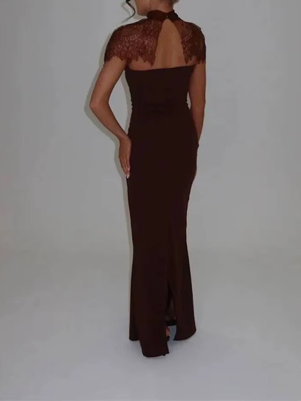 Lace Yoke High Neck Cap Sleeve Column Maxi Gown - View 4