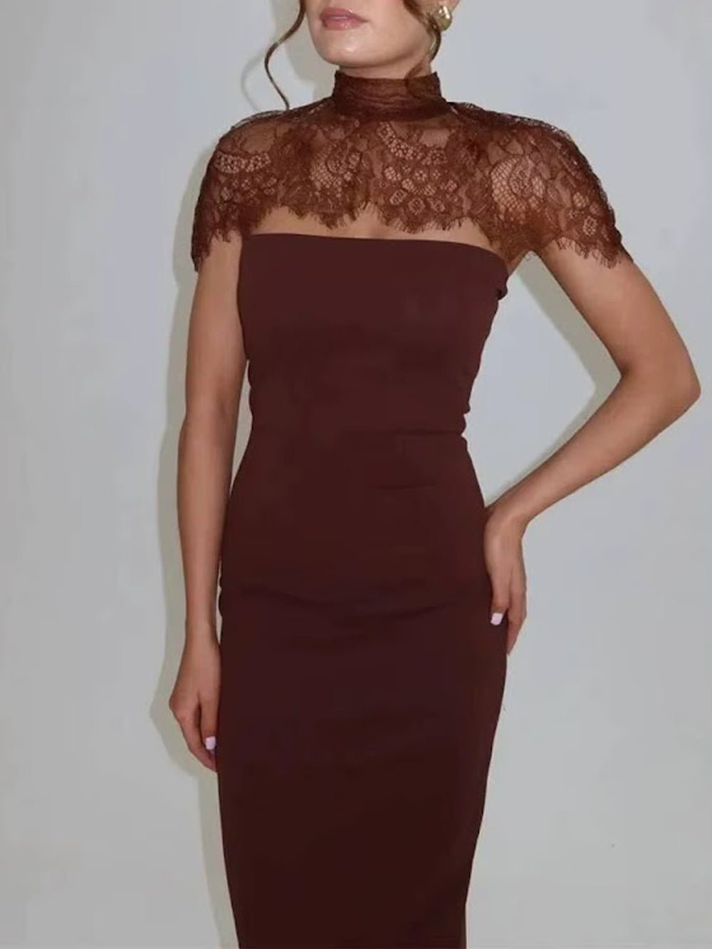 Lace Yoke High Neck Cap Sleeve Column Maxi Gown - View 6