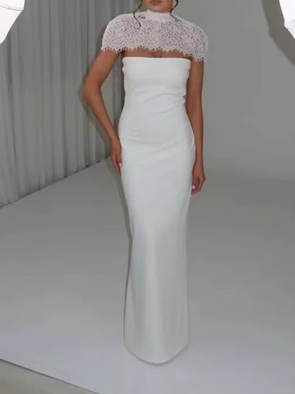 Scalloped Lace Yoke High Neck Cap Sleeve Column Maxi Gown