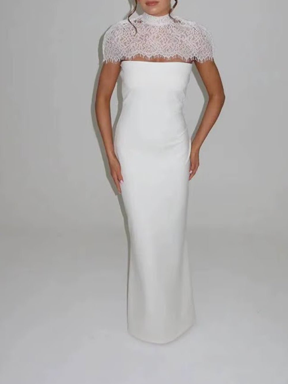 Scalloped Lace Yoke High Neck Cap Sleeve Column Maxi Gown