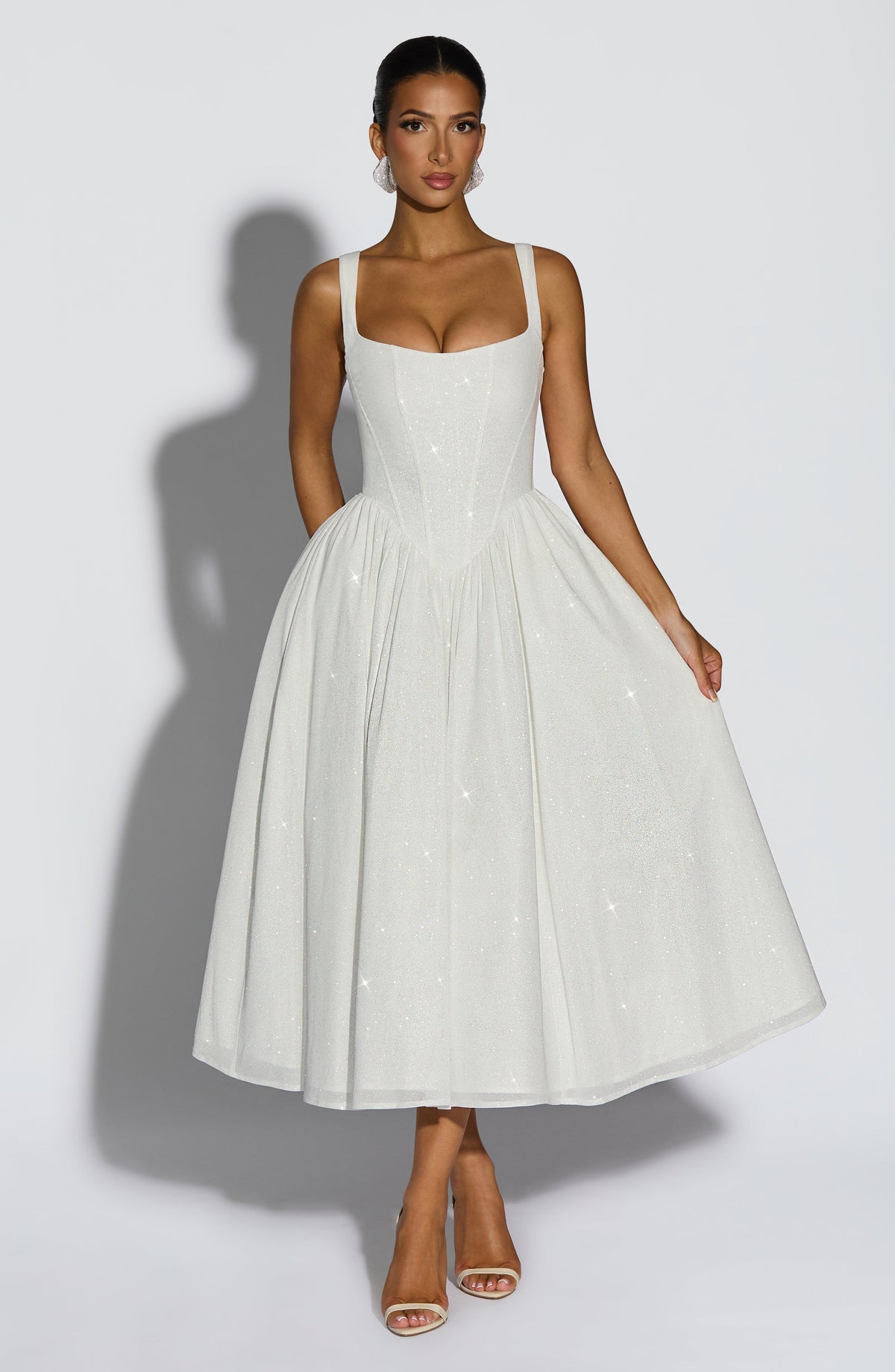 Glitter Square Neck Corset Bodice Full Skirt Midi Dress