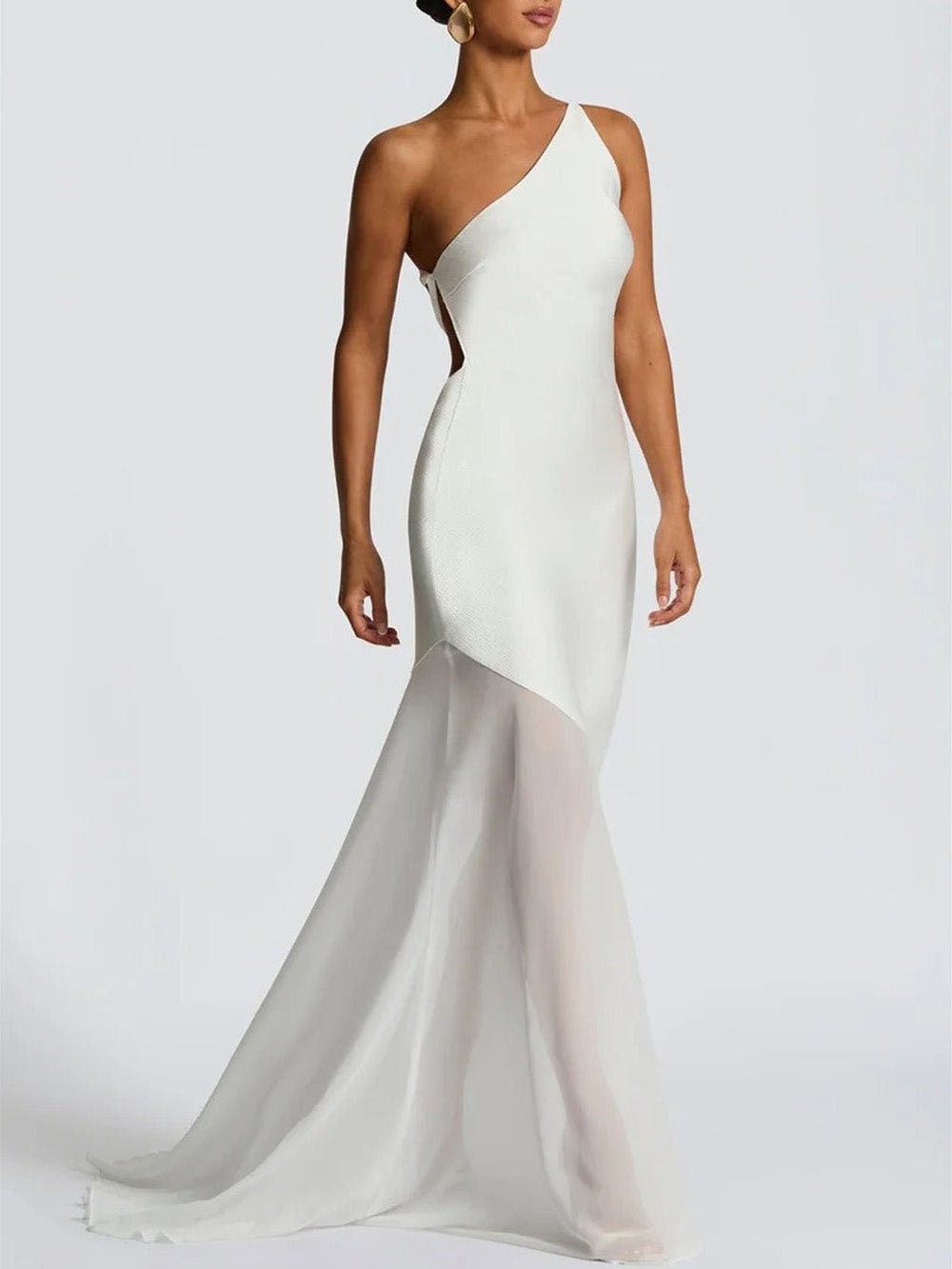 One Shoulder Sheer Mesh Panel Mermaid Maxi Gown