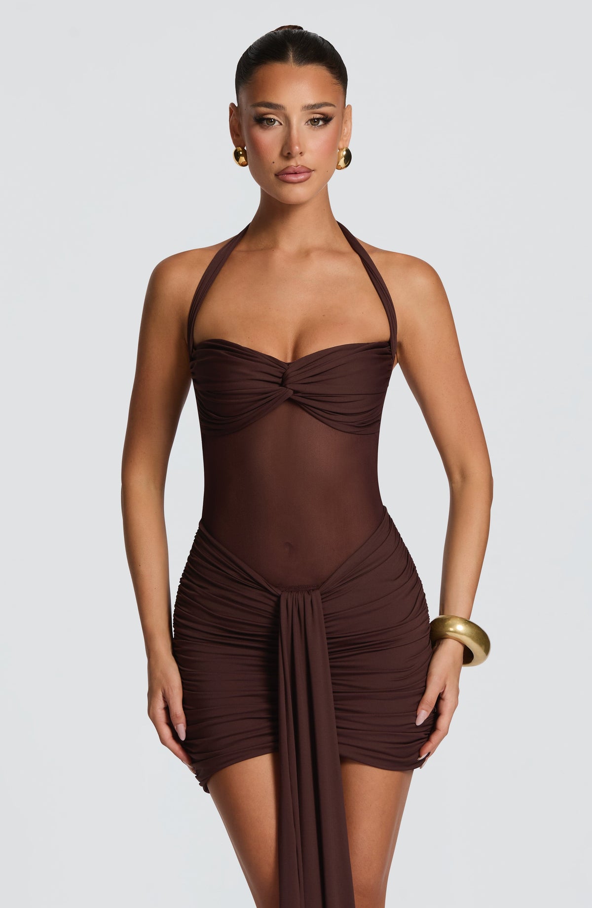 Halter Twist Bust Sheer Mesh Ruched Drape Sash Mini Dress 4