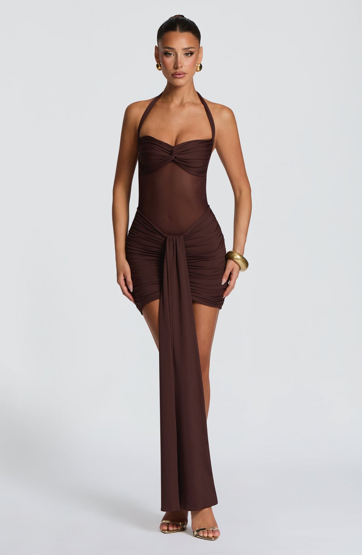 Halter Twist Bust Sheer Mesh Ruched Drape Sash Mini Dress