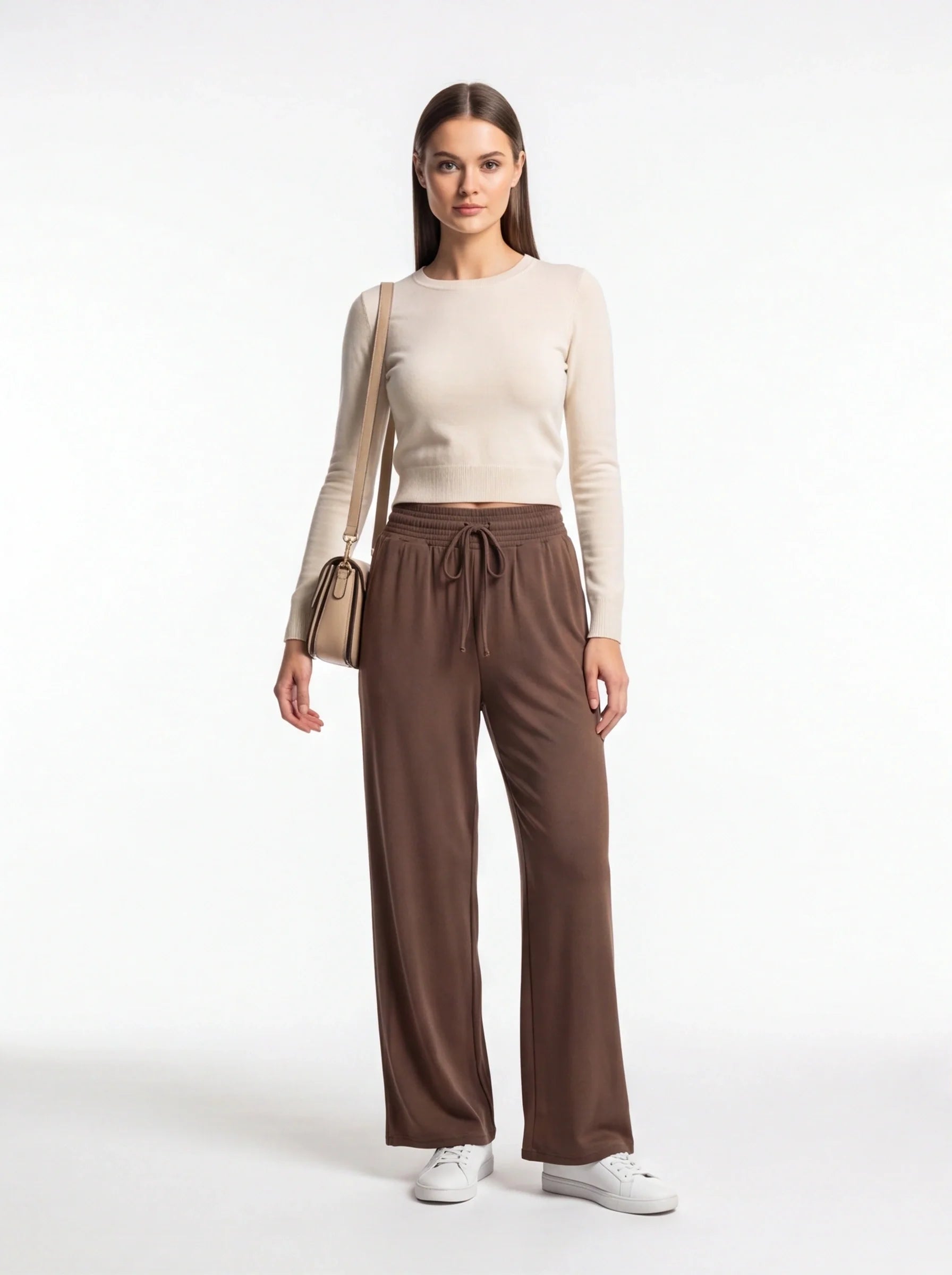 Wide Leg Pants Elastic Waist Polyester Elastane