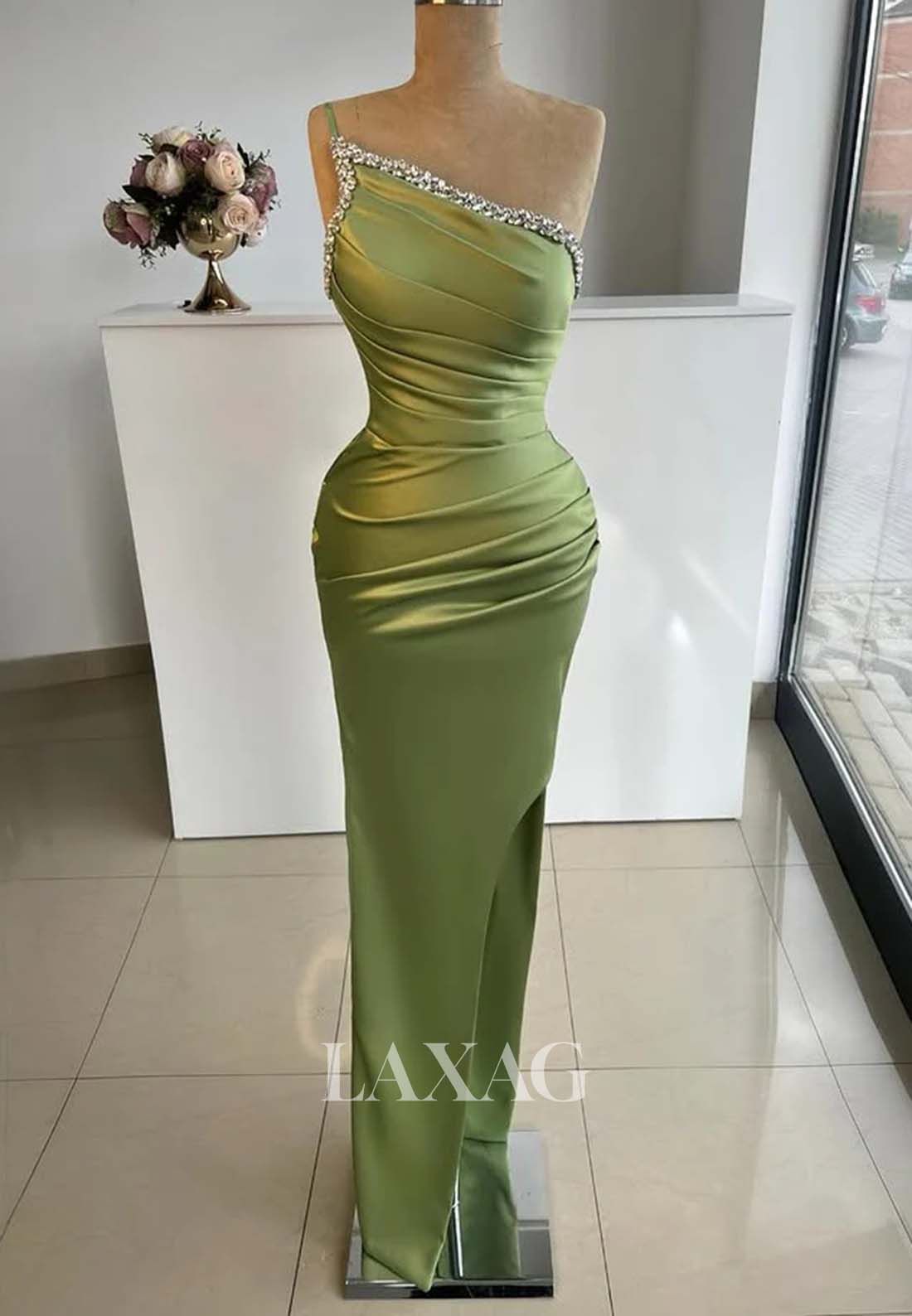 Sheath Asymmetrical-Neck One-Shoulder Sleeveless Beaded Long Formal Prom Dress with Slit