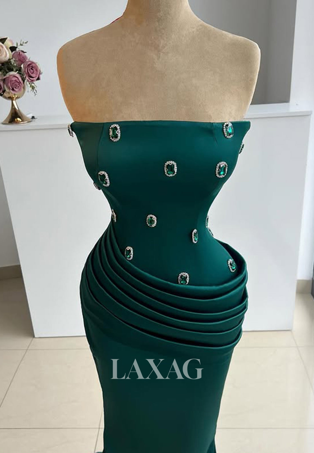 Tube Top Off-Shoulder Sleeveless Formal Gowns Pleated Beaded Jewel Mermaid Prom Dress with Sweep Train