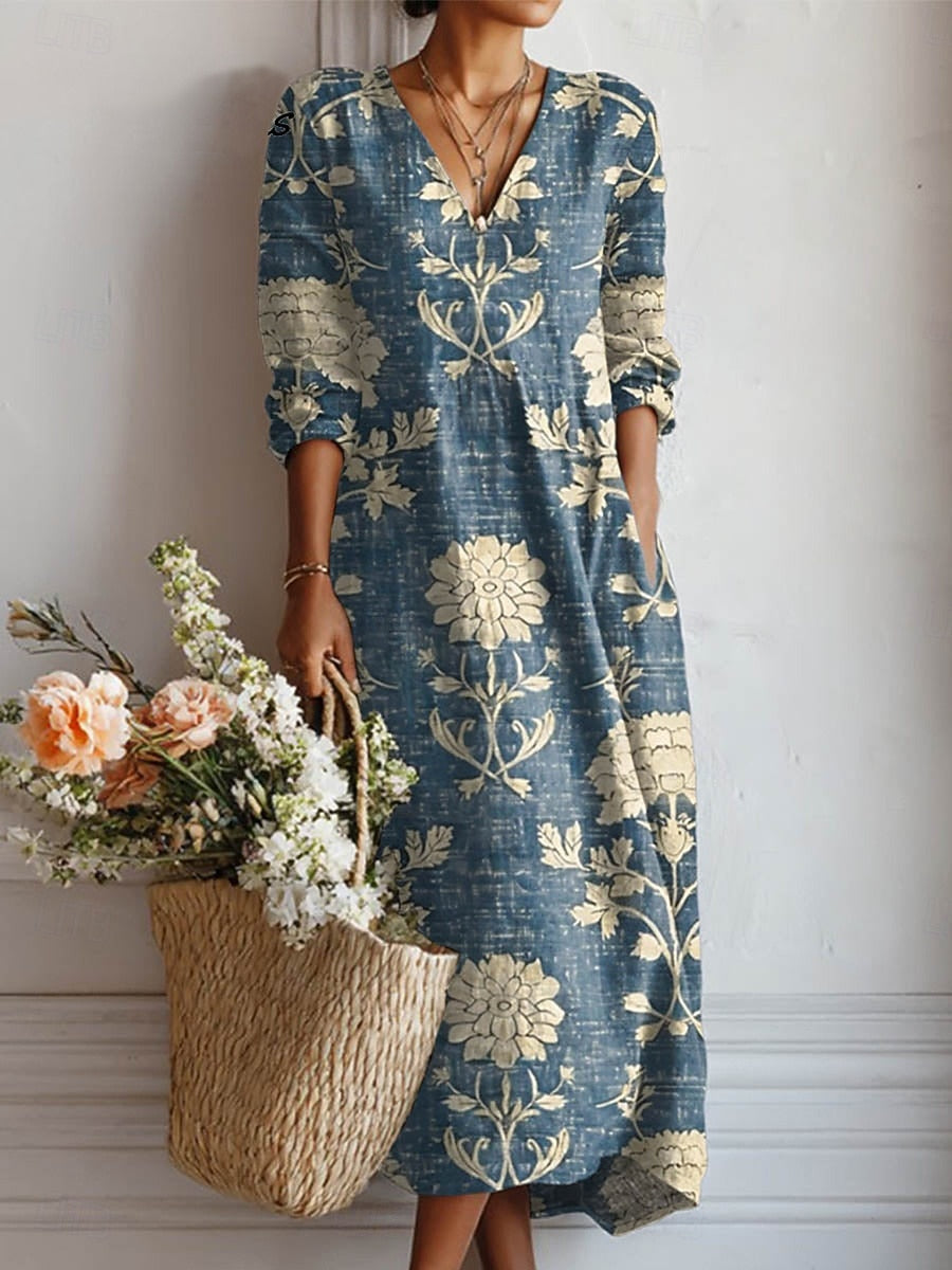 Floral V-Neck Long Sleeve Maxi Dress