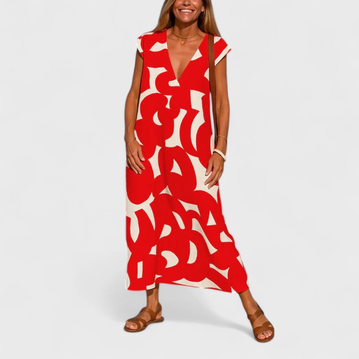 Geometric Print V-Neck Cap Sleeve A-Line Maxi Dress