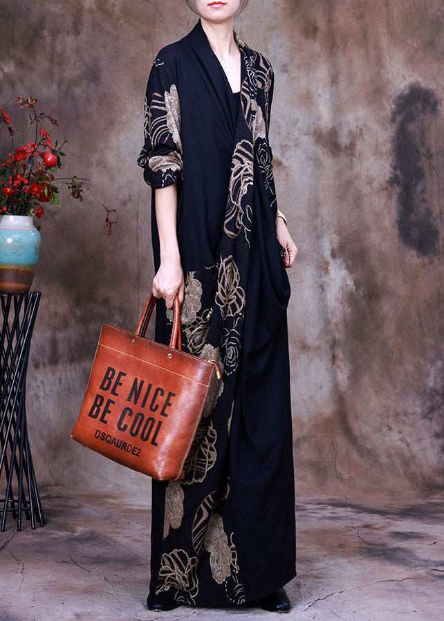 Rose Floral Print V-Neck Draped Wrap Three Quarter Sleeve Maxi Dress