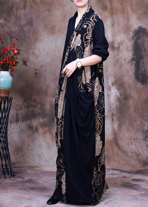 Rose Floral Print V-Neck Draped Wrap Three Quarter Sleeve Maxi Dress