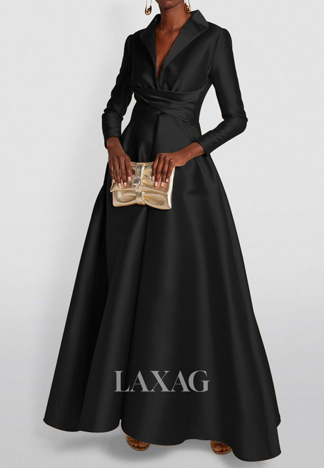 Deep V-Neck Long Sleeves Pleated Evening Gowns Simple Floor-Length Satin A-Line Formal Wedding Guest Dress