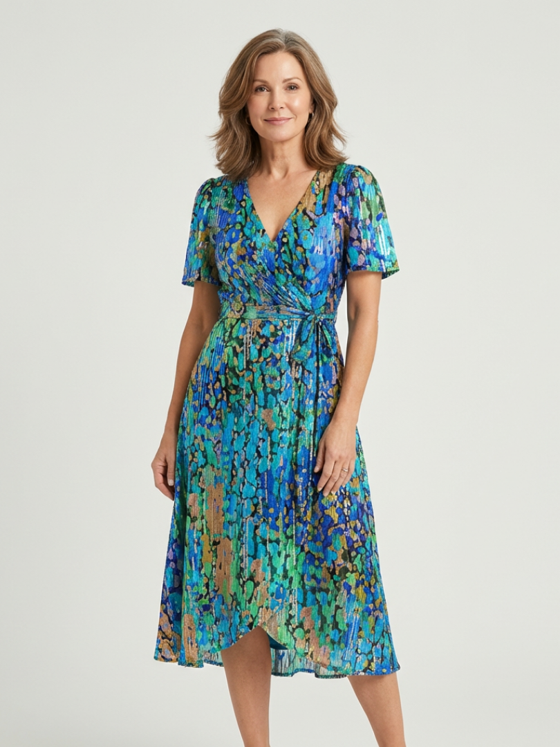 Abstract Print V-Neck Short Sleeve Wrap Midi Dress