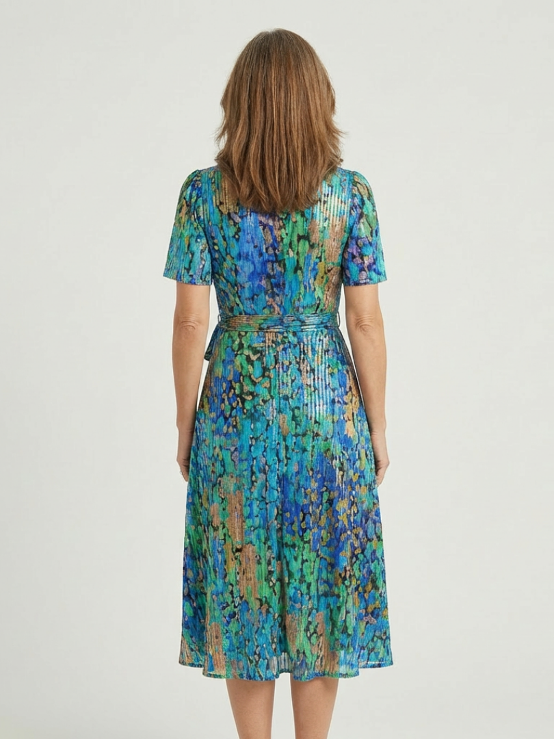 Abstract Print V-Neck Short Sleeve Wrap Midi Dress