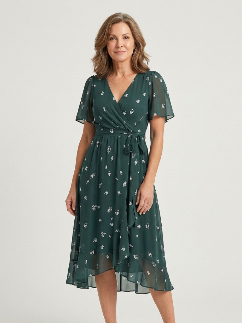 Abstract Print V-Neck Short Sleeve Wrap Midi Dress