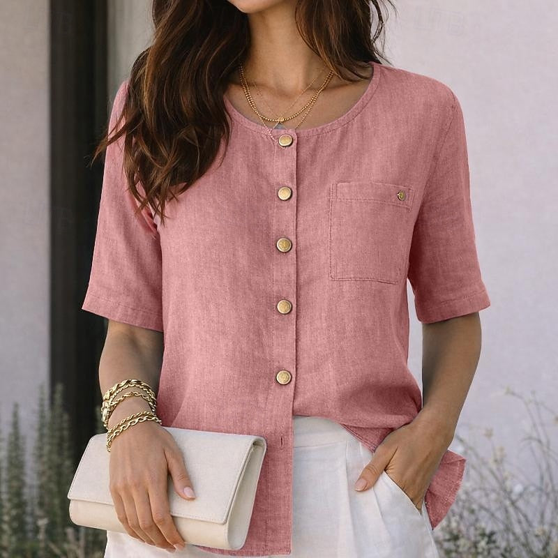 Round Neck Short Sleeve Button Front Blouse