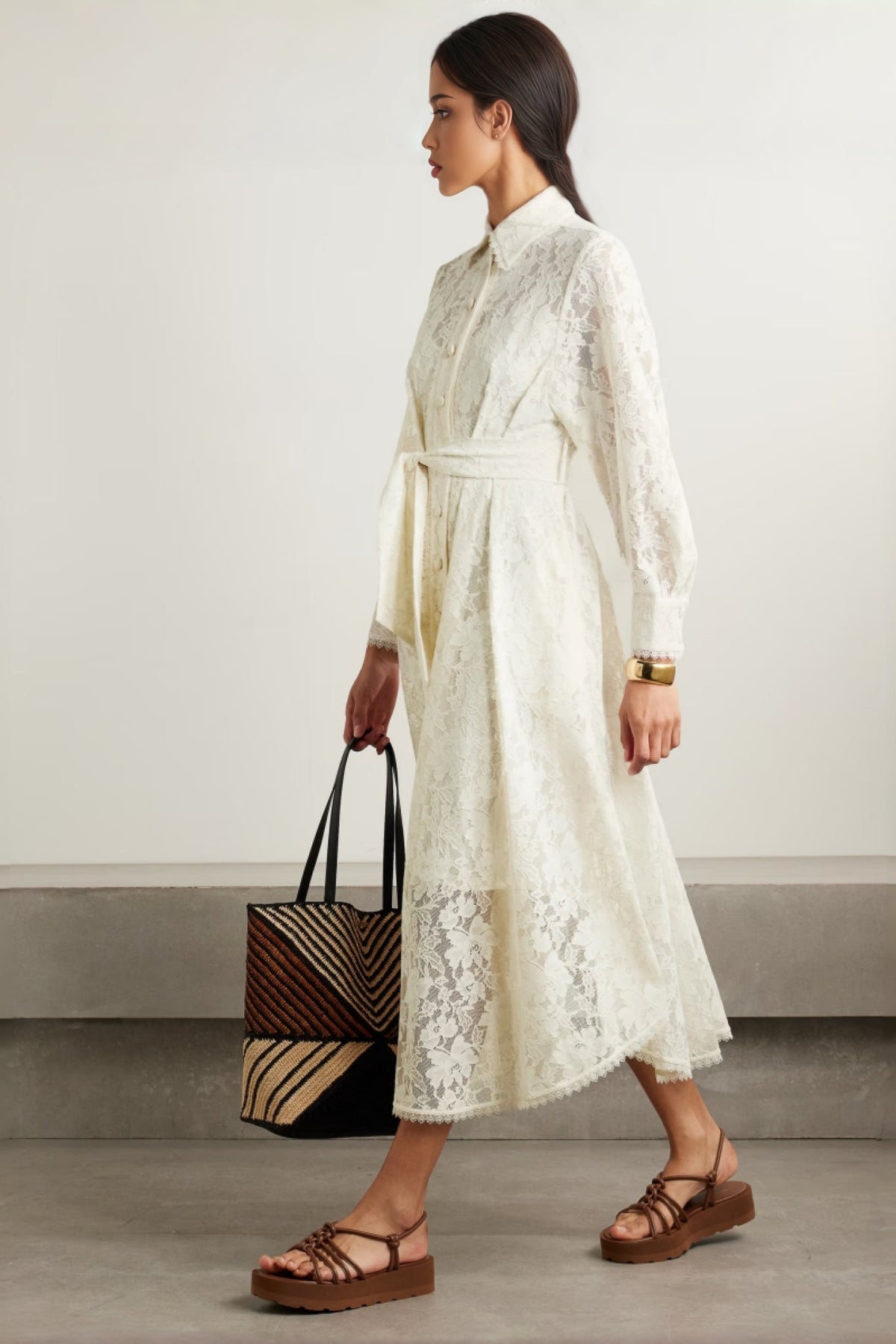 Floral Lace Collared Long Sleeve Button Front Tie Waist Midi Shirt Dress