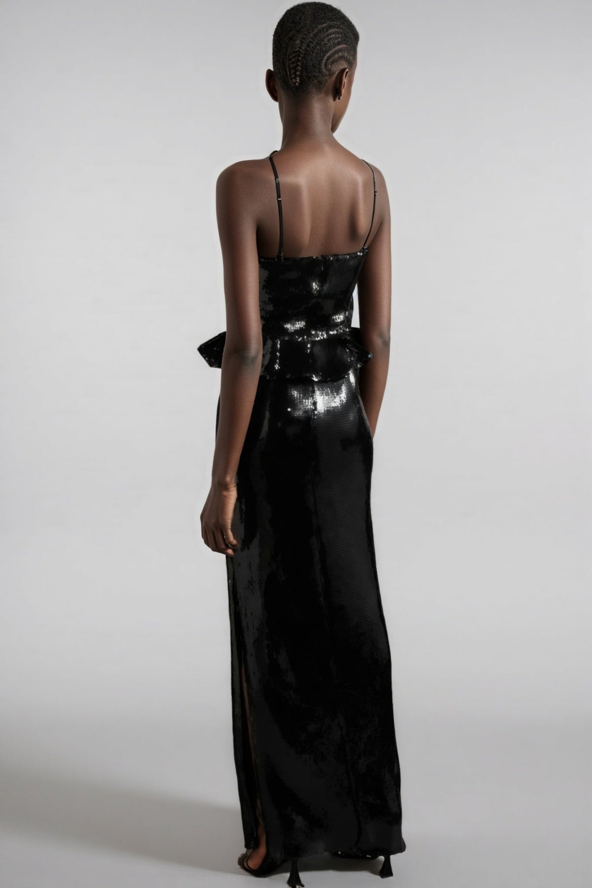 Sequin Halter Neck Rosette Peplum High Split Maxi Dress 2