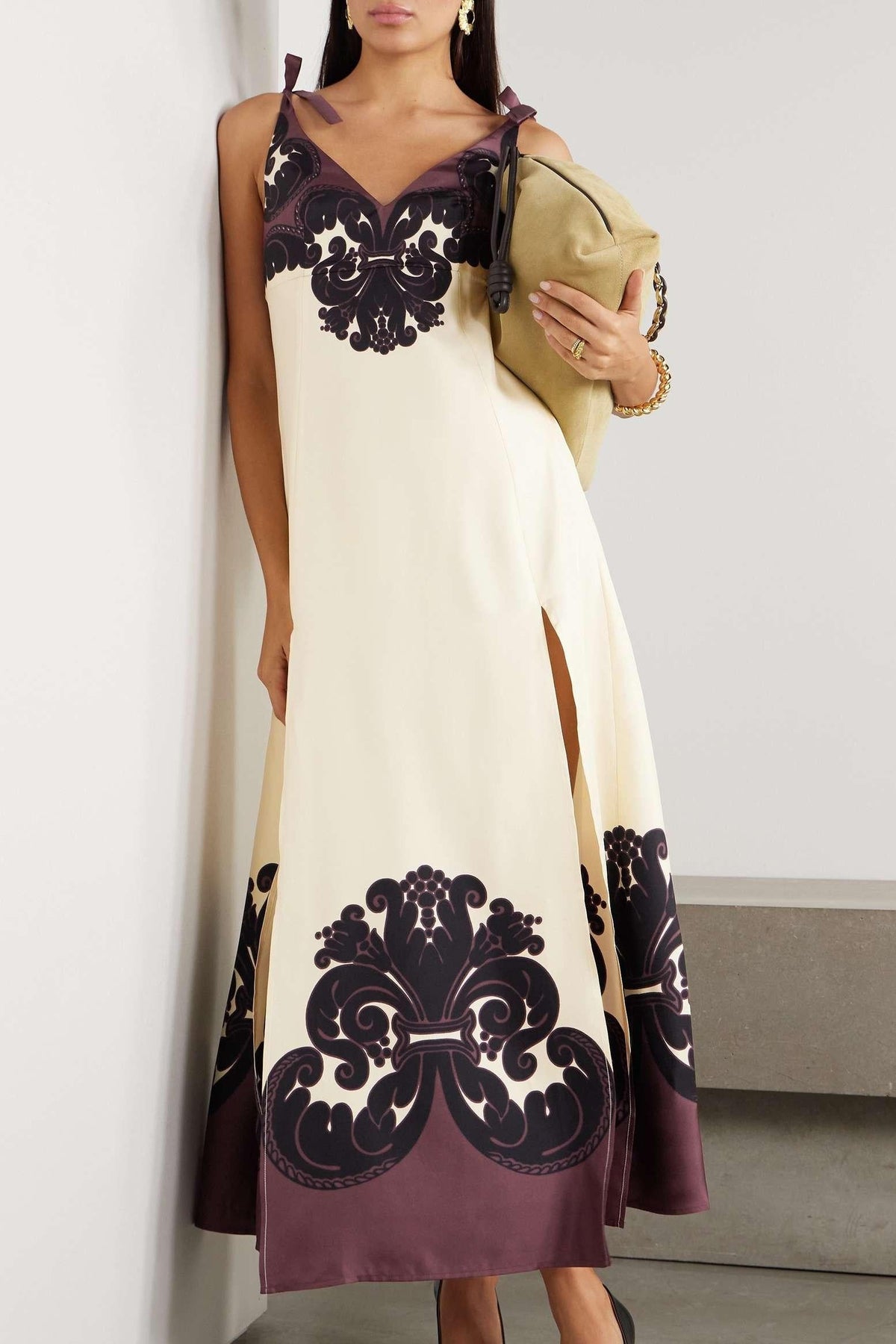 Damask Border Print Tie Shoulder V-Neck High Split Midi Dress