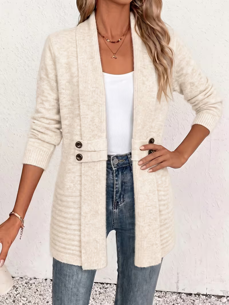 Shawl Collar Open Front Button Tab Ribbed Cardigan