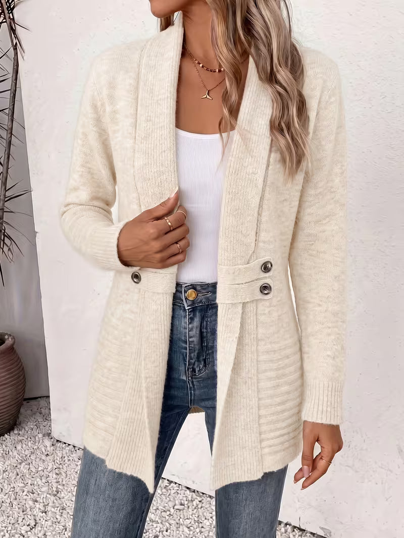 Shawl Collar Open Front Button Tab Ribbed Cardigan
