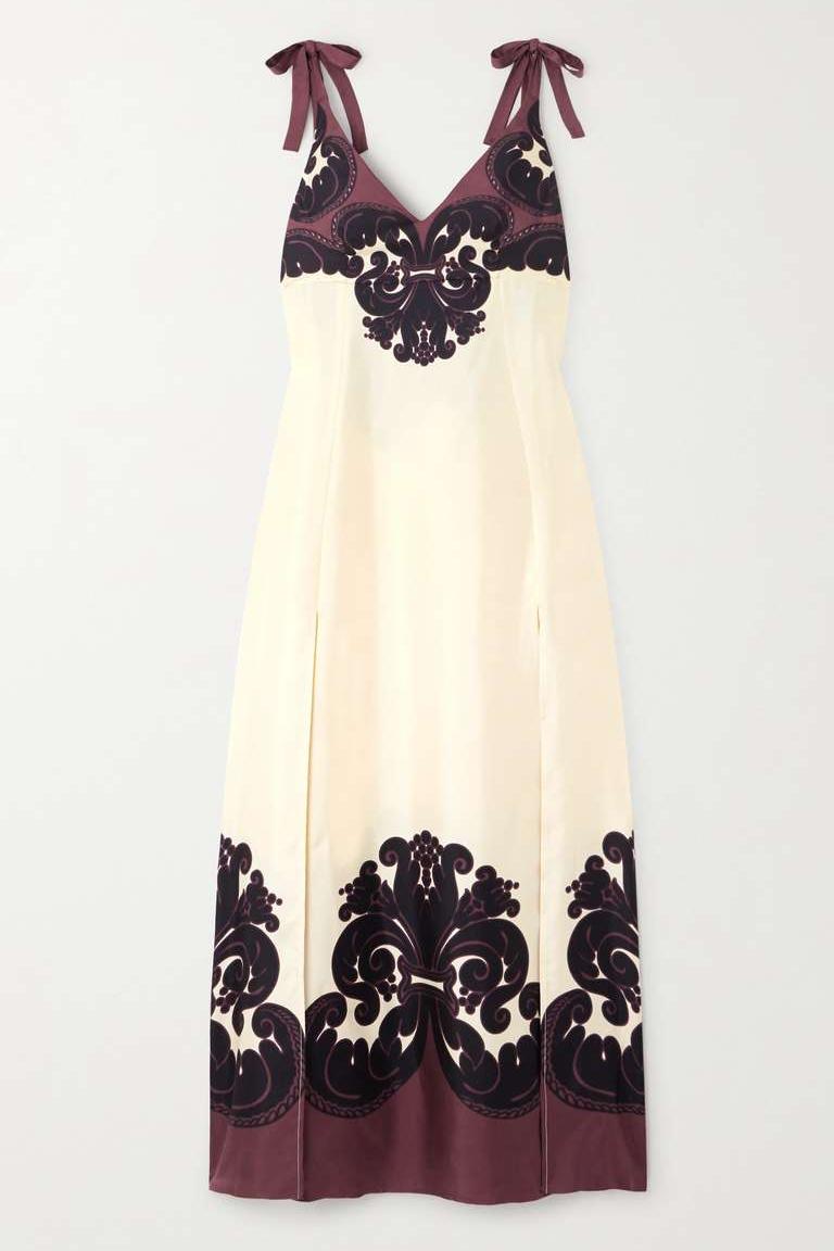 Damask Border Print Tie Shoulder V-Neck High Split Midi Dress