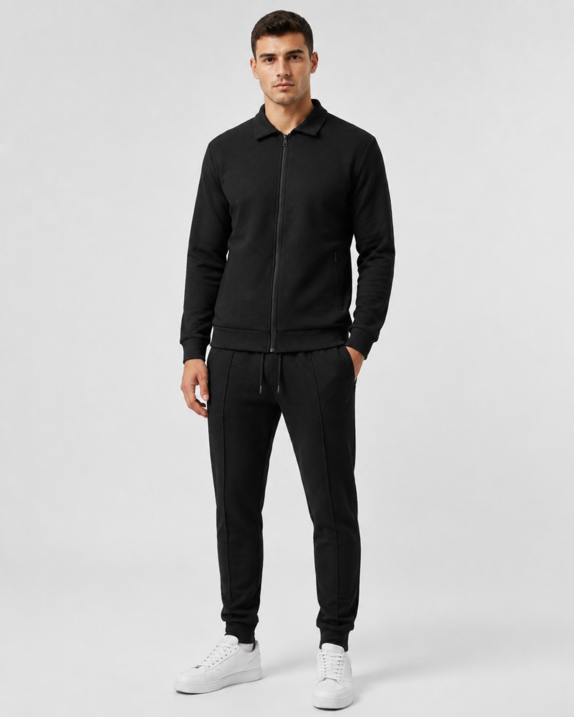 Waffle Knit Zip Tracksuit - Collared Top & Joggers