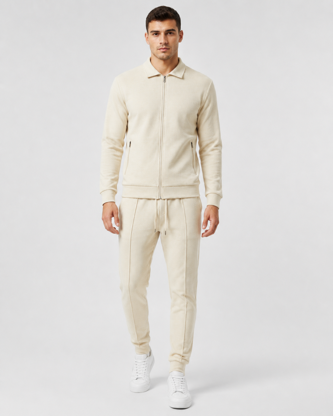 Waffle Knit Zip Tracksuit - Collared Top & Joggers